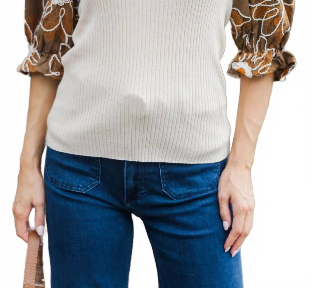 NEW VOY floral embroidered short puff sleeve ribbed knit top in taupe